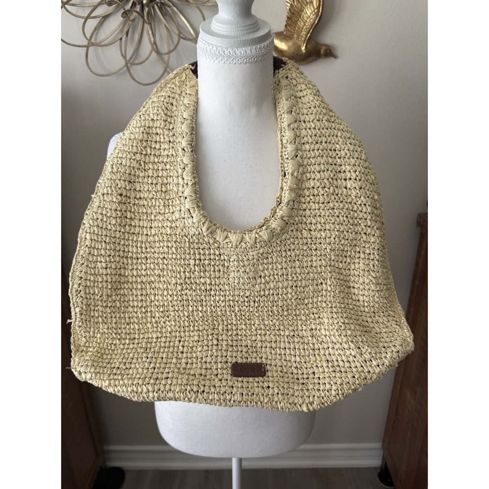 BCBG Raffia Hobo Shoulder Bag Natural Straw Brown Large Woven Tote Flaw